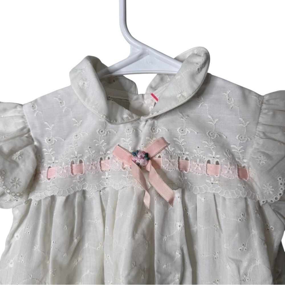 Vintage White Eyelet Lace Baby Dress 24 Months Pink Ribbon Floral - Picture 2 of 5